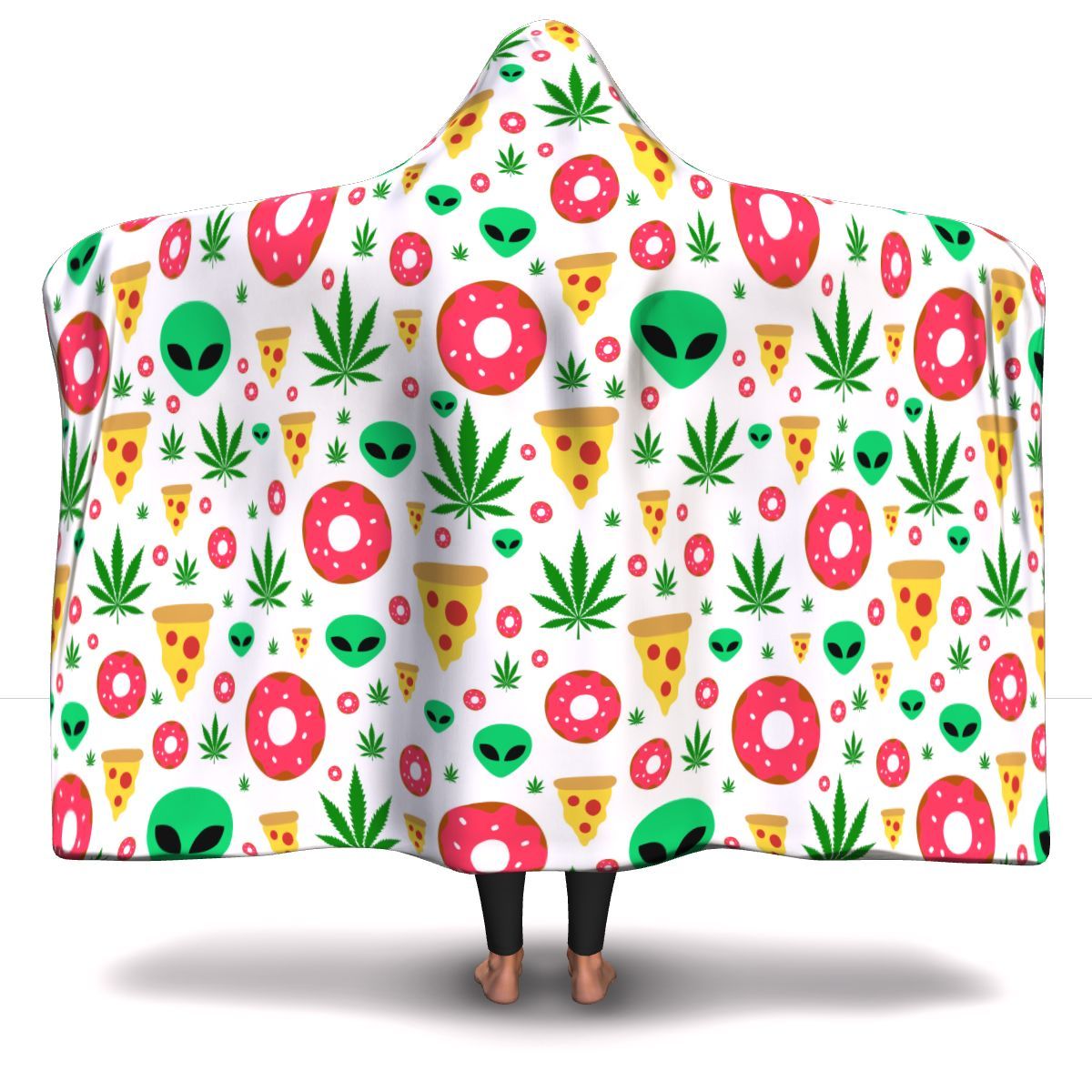 Pizza Donut Alien White Hooded Blanket - American Weedster