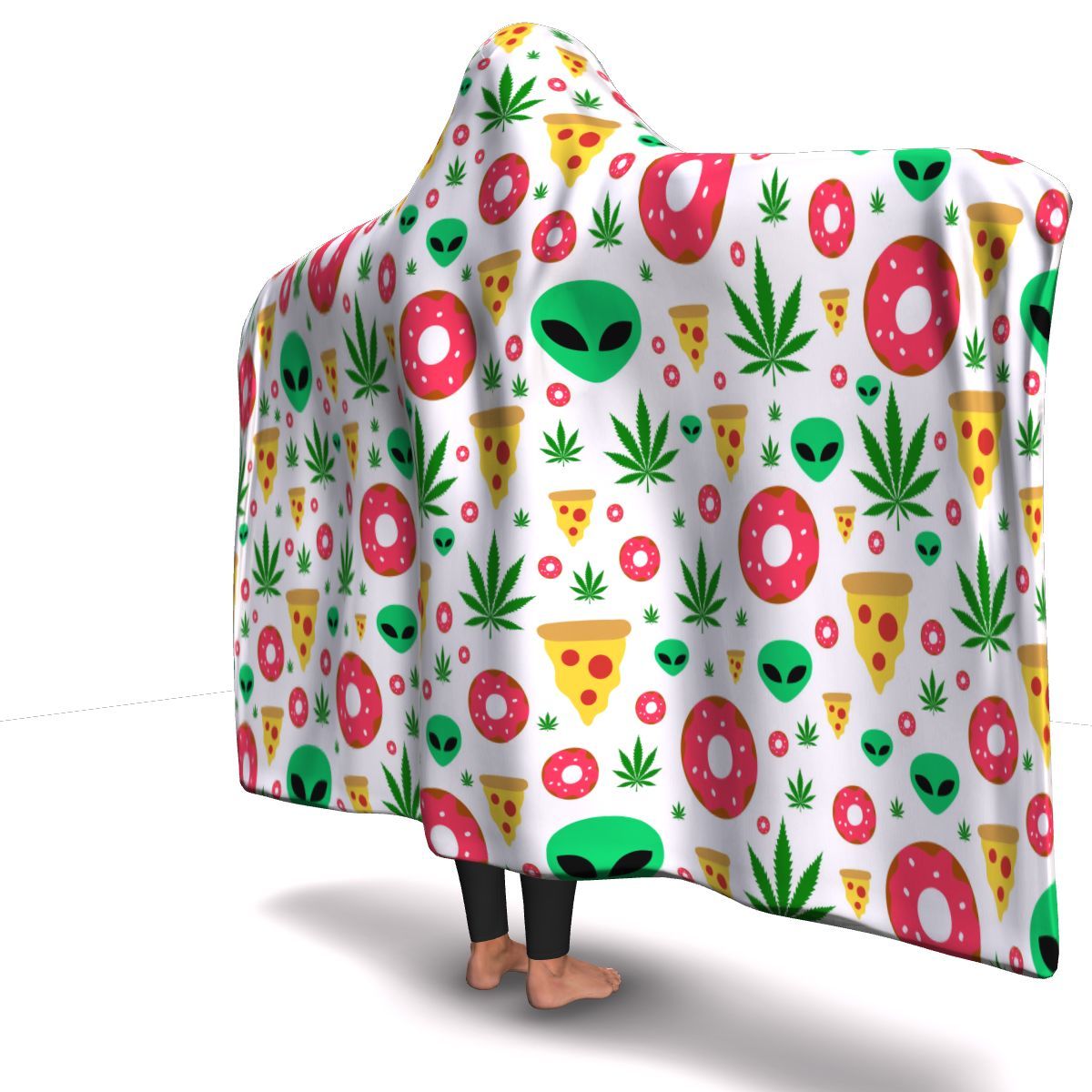 Pizza Donut Alien White Hooded Blanket - American Weedster