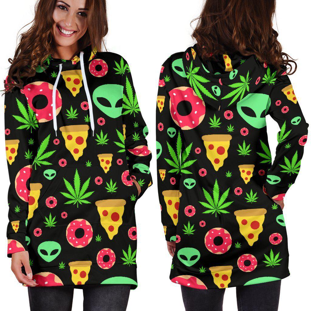 Pizza Donut Alien Black Hoodie Dress - American Weedster