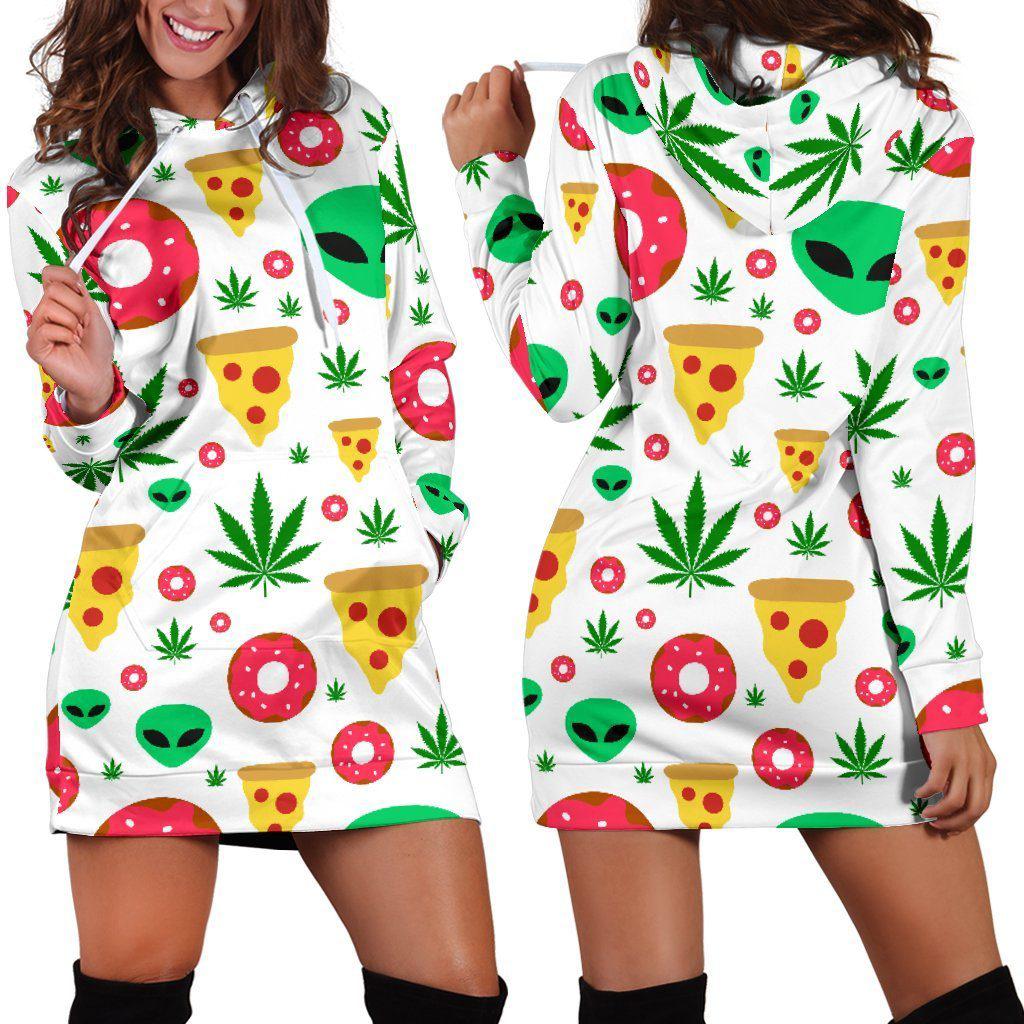 Pizza Donut Alien White Hoodie Dress - American Weedster