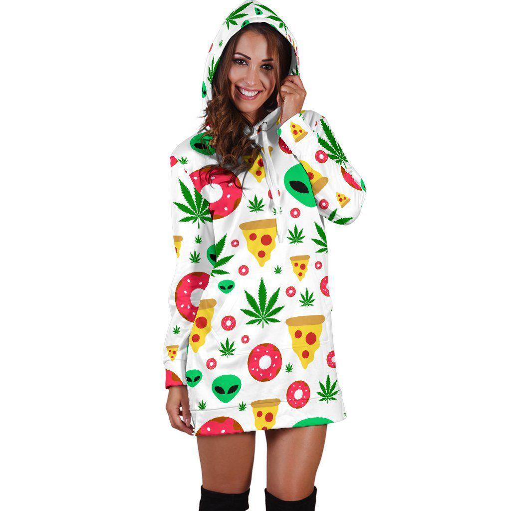 Pizza Donut Alien White Hoodie Dress - American Weedster