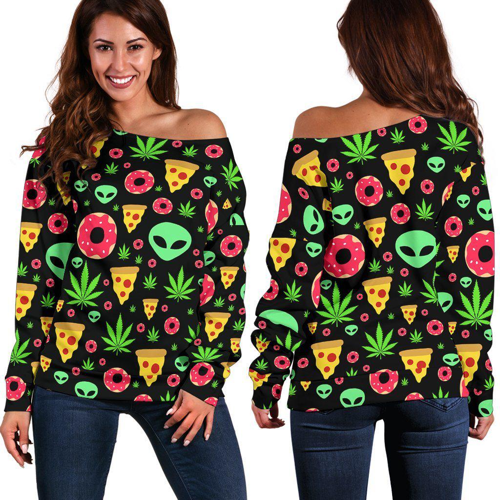 Pizza Donut Alien Blck Off Shoulder Sweater - American Weedster