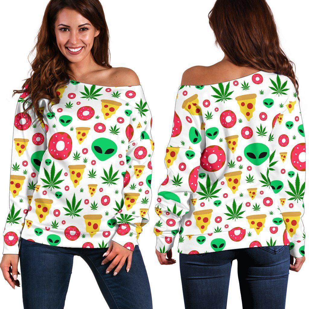 Pizza Donut Alien Off Shoulder Sweater - American Weedster