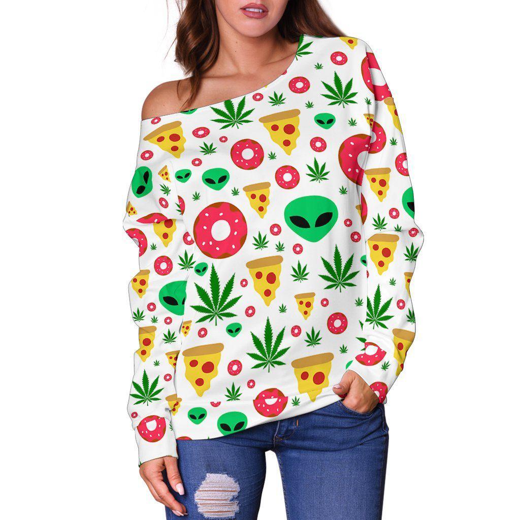 Pizza Donut Alien Off Shoulder Sweater - American Weedster