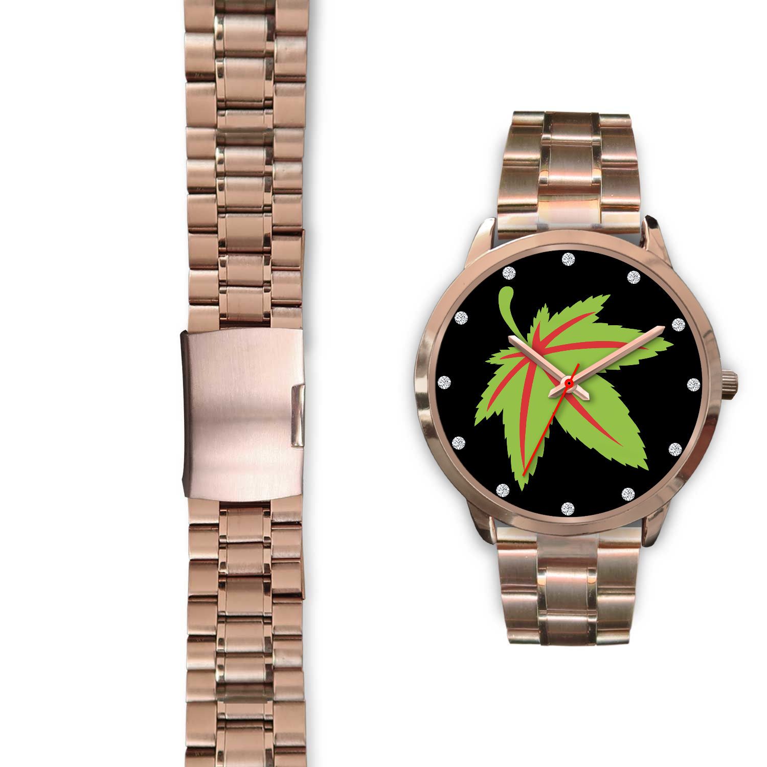 Green &amp; Red Ladies Rose Gold Watch - American Weedster