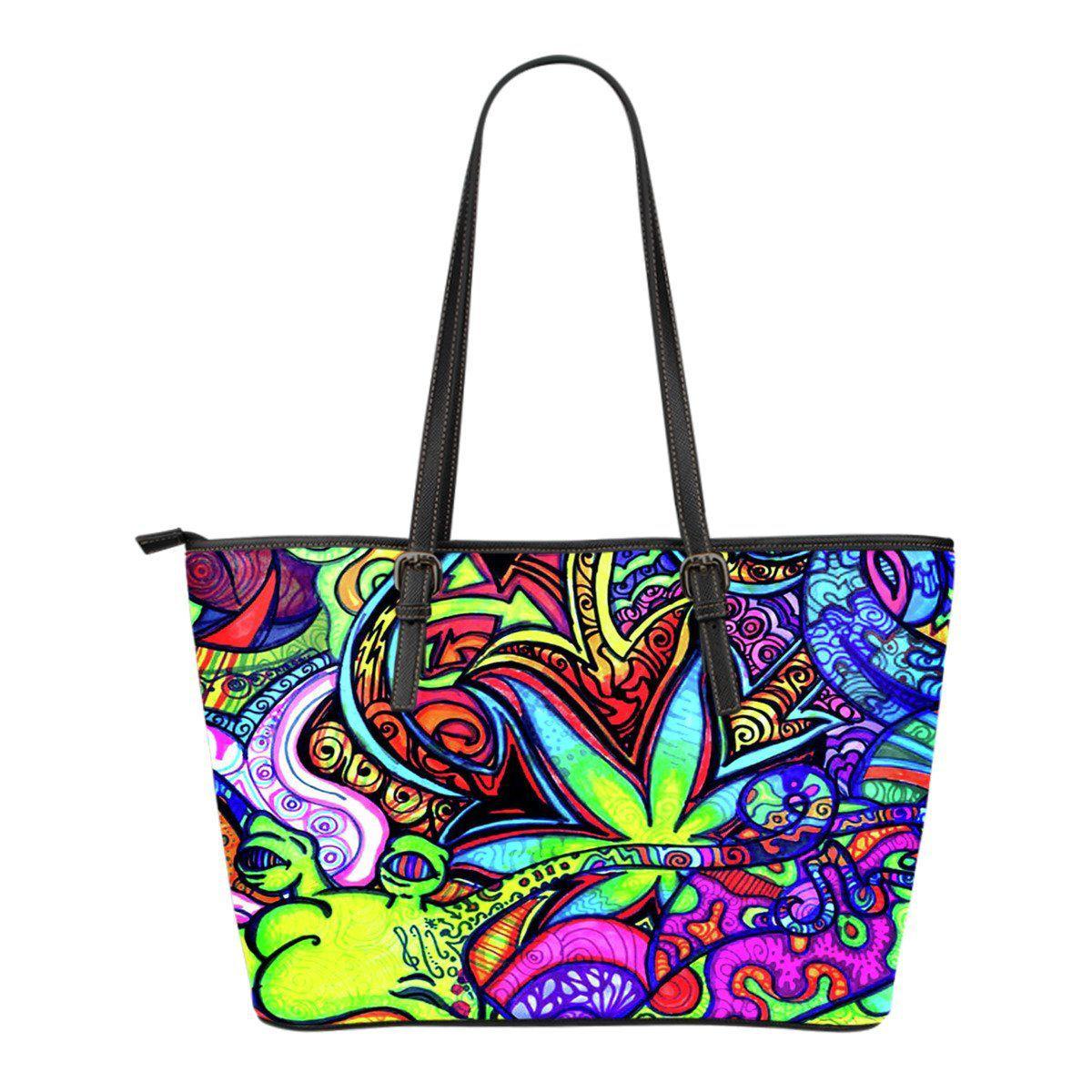 Psychedelic Small Leather Tote Bag - American Weedster