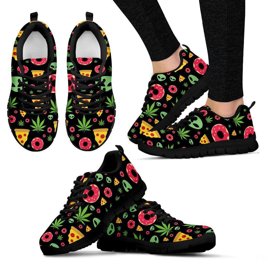 Pizza Donut Alien Women and Men Black Sneakers - American Weedster