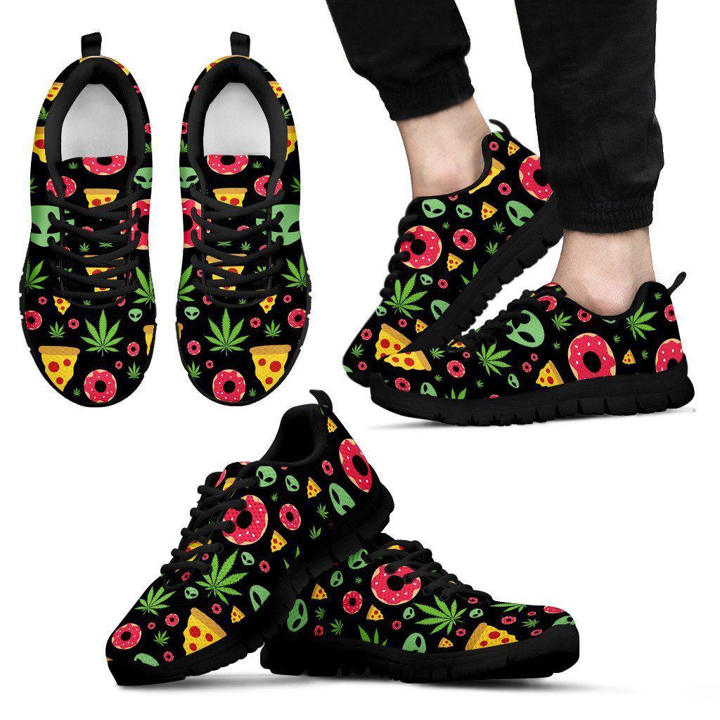 Pizza Donut Alien Women and Men Black Sneakers - American Weedster